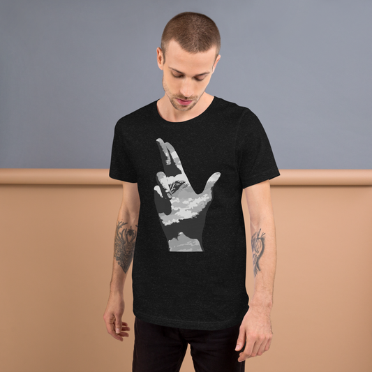 Grey-Camo Gun Finger Unisex t-shirt